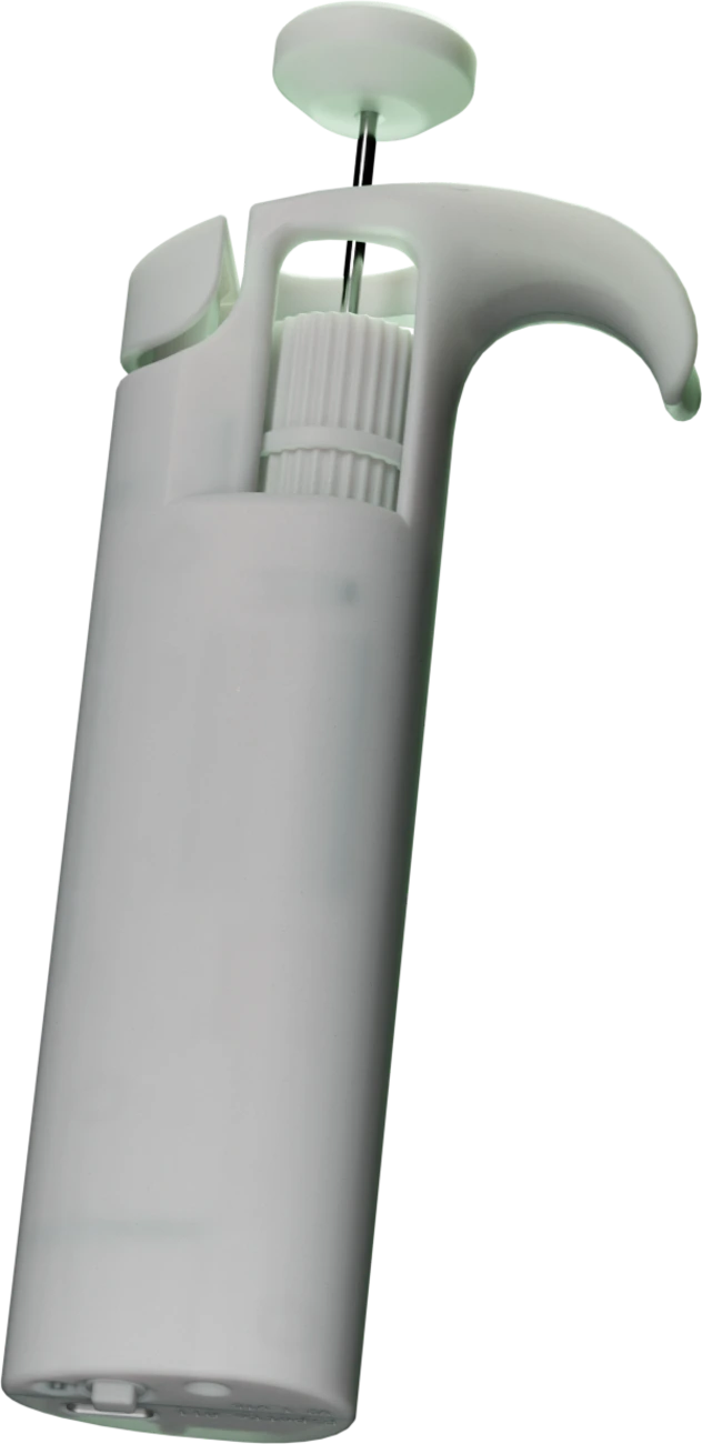 The controller, with plunger, tip ejector, finger hook, volume dial, body and controller mount labelled
