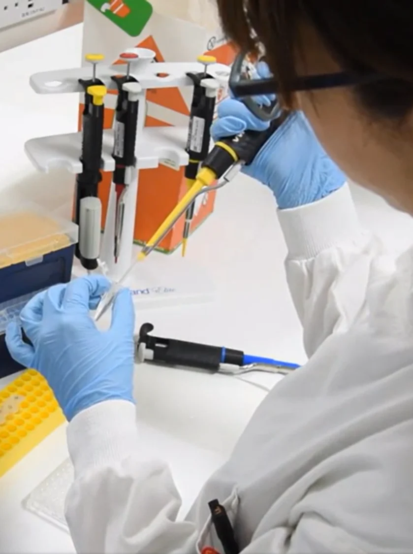 A student in a lab coat and gloves pipetting at the bench